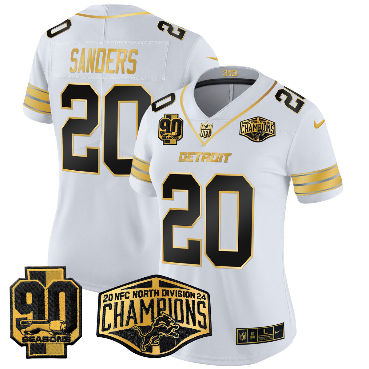 Women's Detroit Lions 2024 NFC North Division Champions Patch Gold Vapor Limited Jersey - All Stitched - White Gold - Barry Sanders — view 1