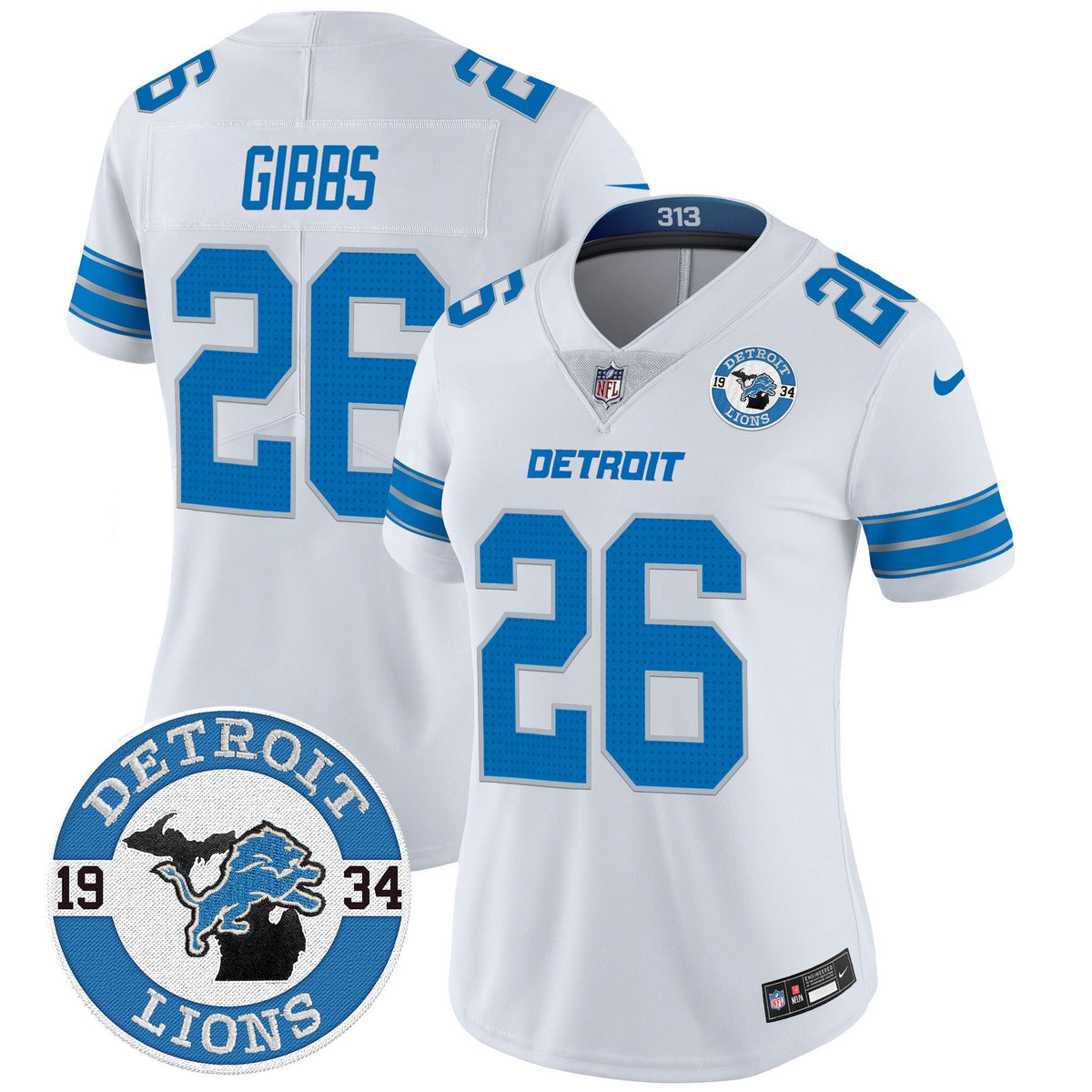 Women's Detroit Lions 2024 Vapor Limited Jersey - Est. 1934 Patch - All Stitched - White - Jahmyr Gibbs — view 1
