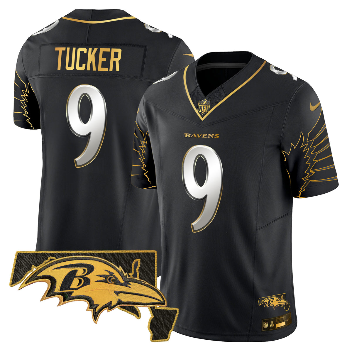 Men's Ravens Maryland Patch Gold Vapor Limited Jersey V2 - All Stitched - Black Limited - Justin Tucker — view 1