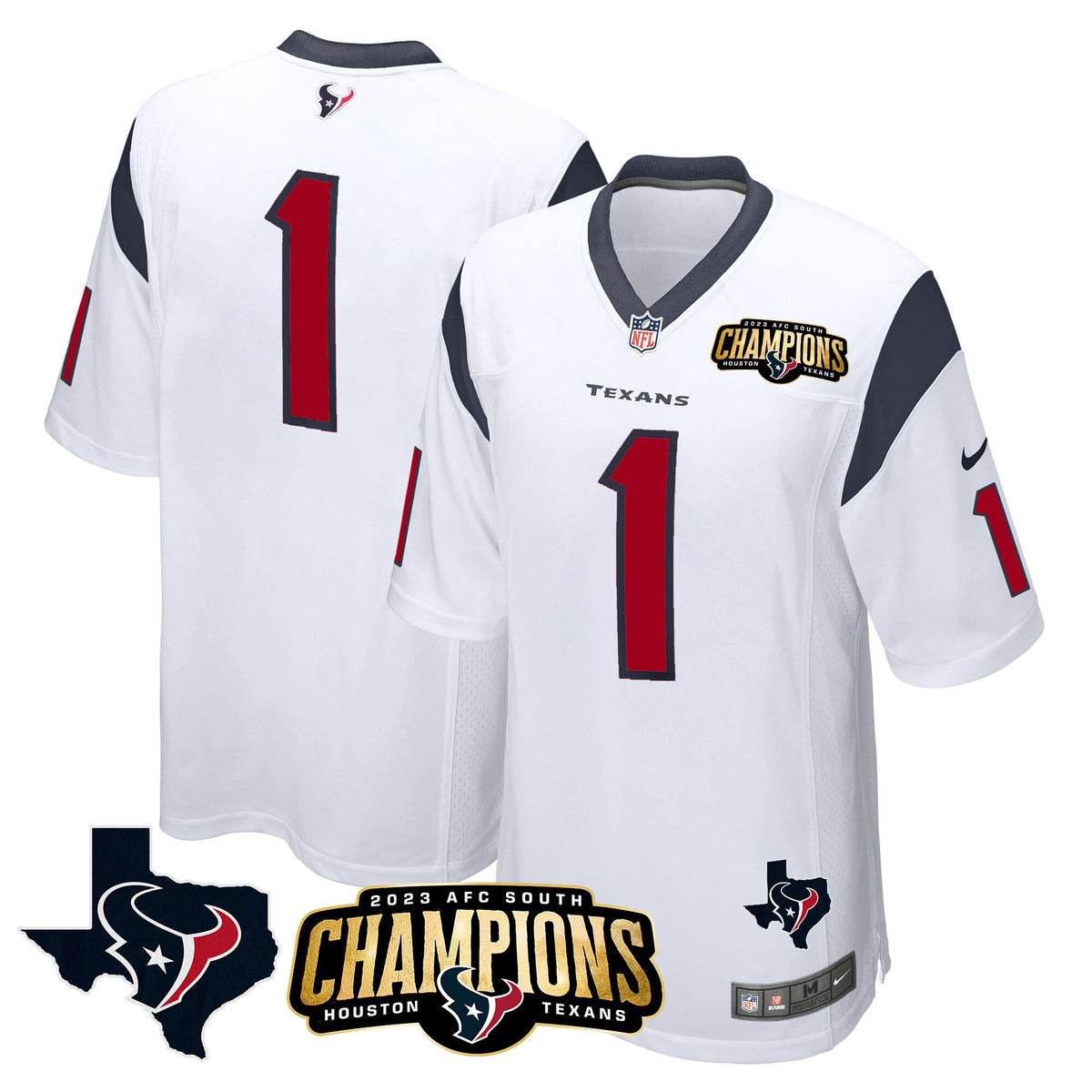 Men's Houston Texans 2023 AFC South Champions Patch Game Jersey - All Stitched - White - #1 Team — view 1
