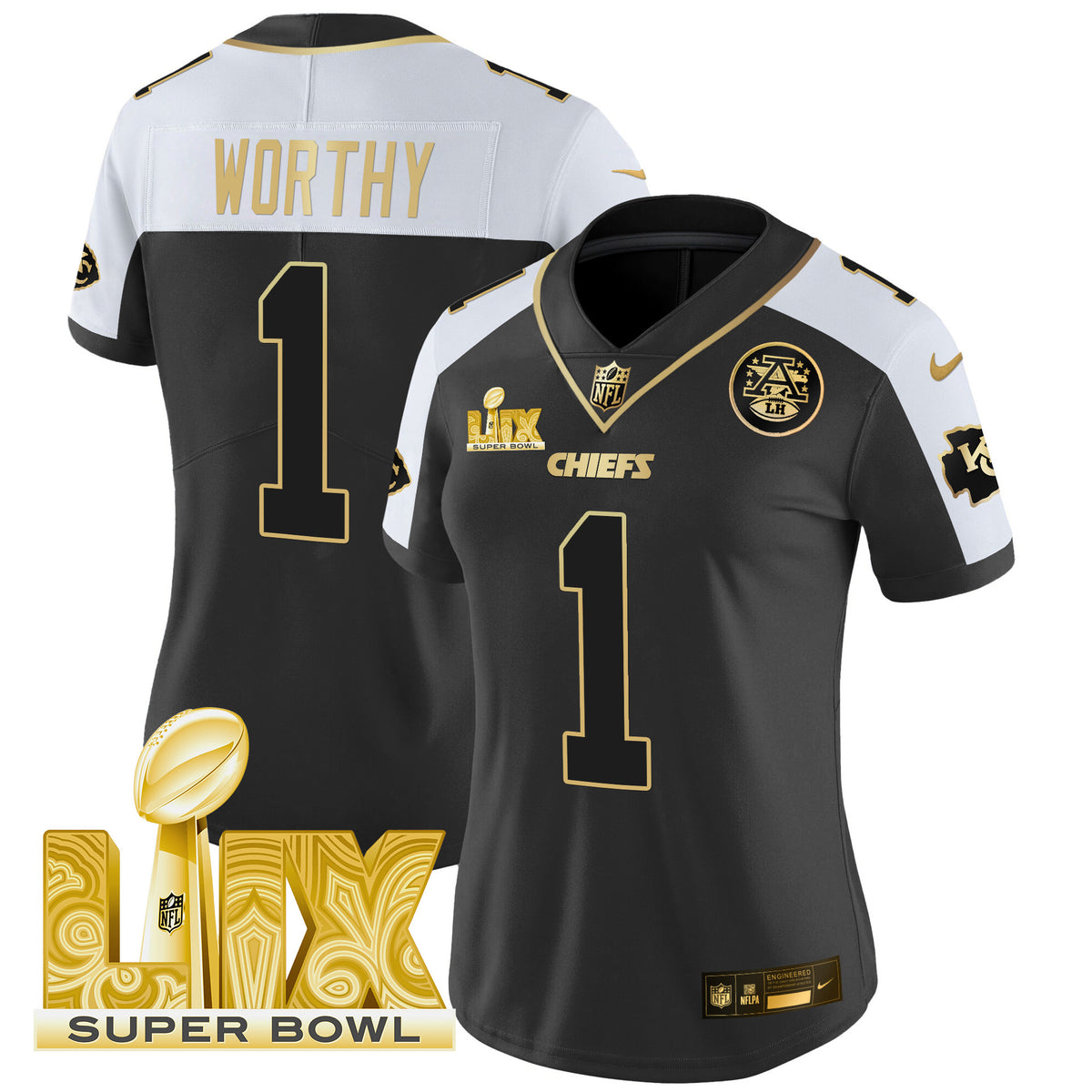 Women's Chiefs Super Bowl LIX Patch Gold Vapor Limited Jersey - All Stitched - Alternate - Xavier Worthy — view 1