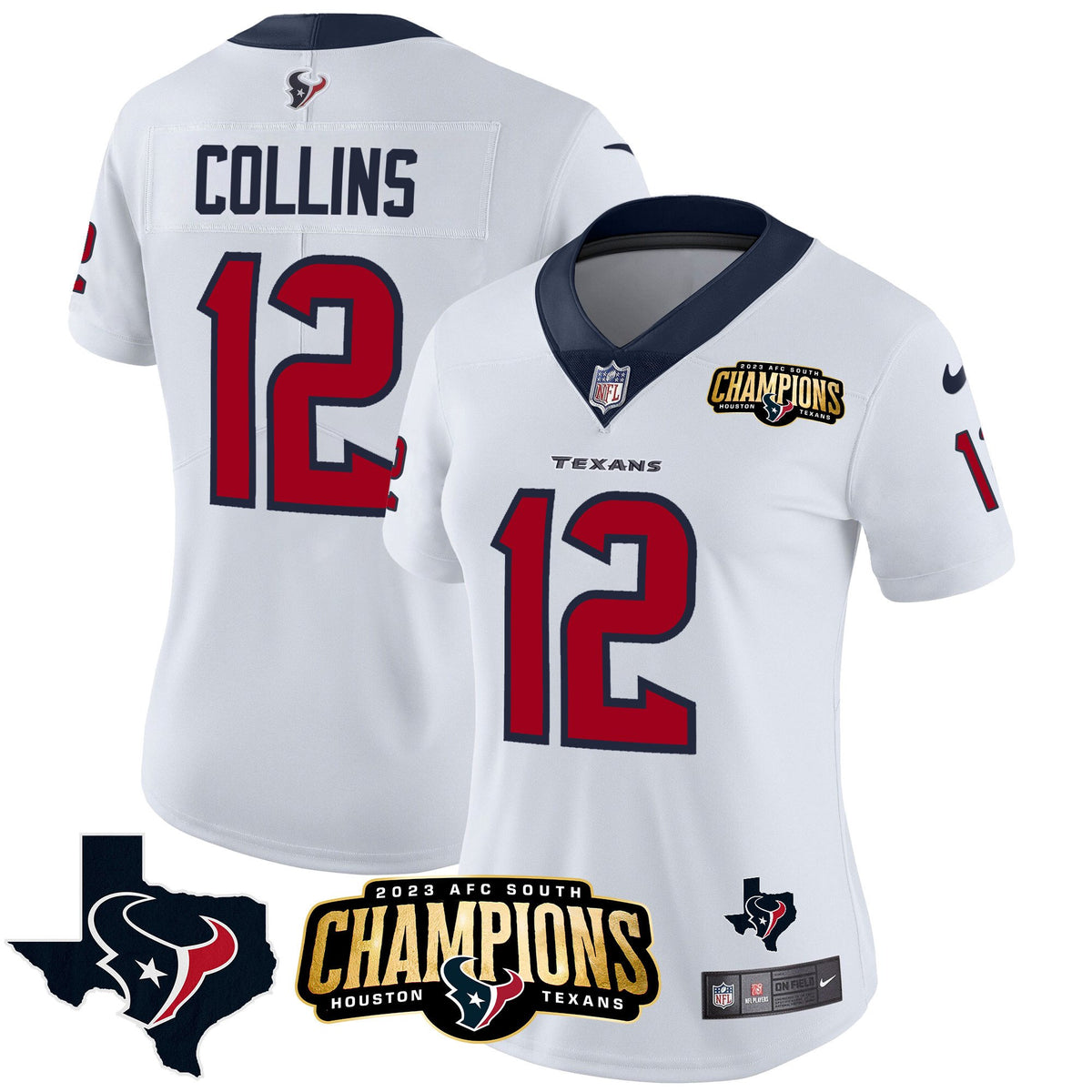 Women's Houston Texans 2023 AFC South Champions Patch Vapor Jersey - All Stitched - White - Nico Collins — view 1