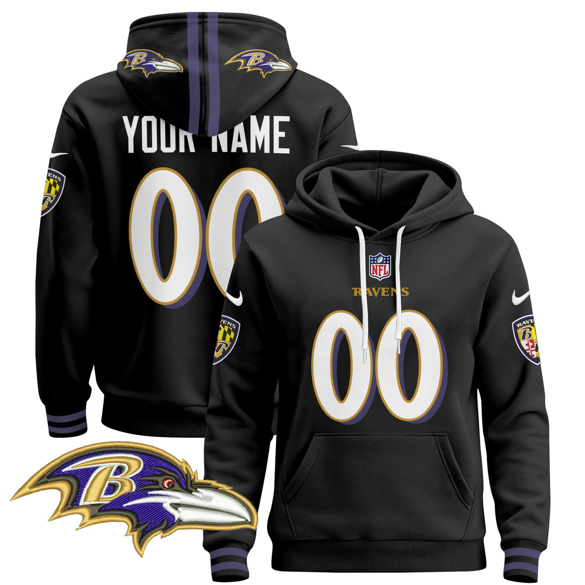 Baltimore Ravens 2024 Custom Pullover Hoodie V4 - All Stitched - Black — view 1