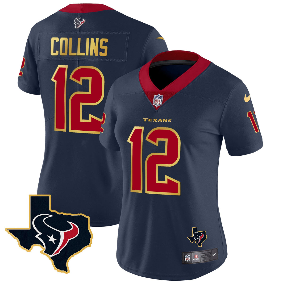 Women's Houston Texans Gold Trim Vapor Jersey - All Stitched - Navy - Nico Collins — view 1