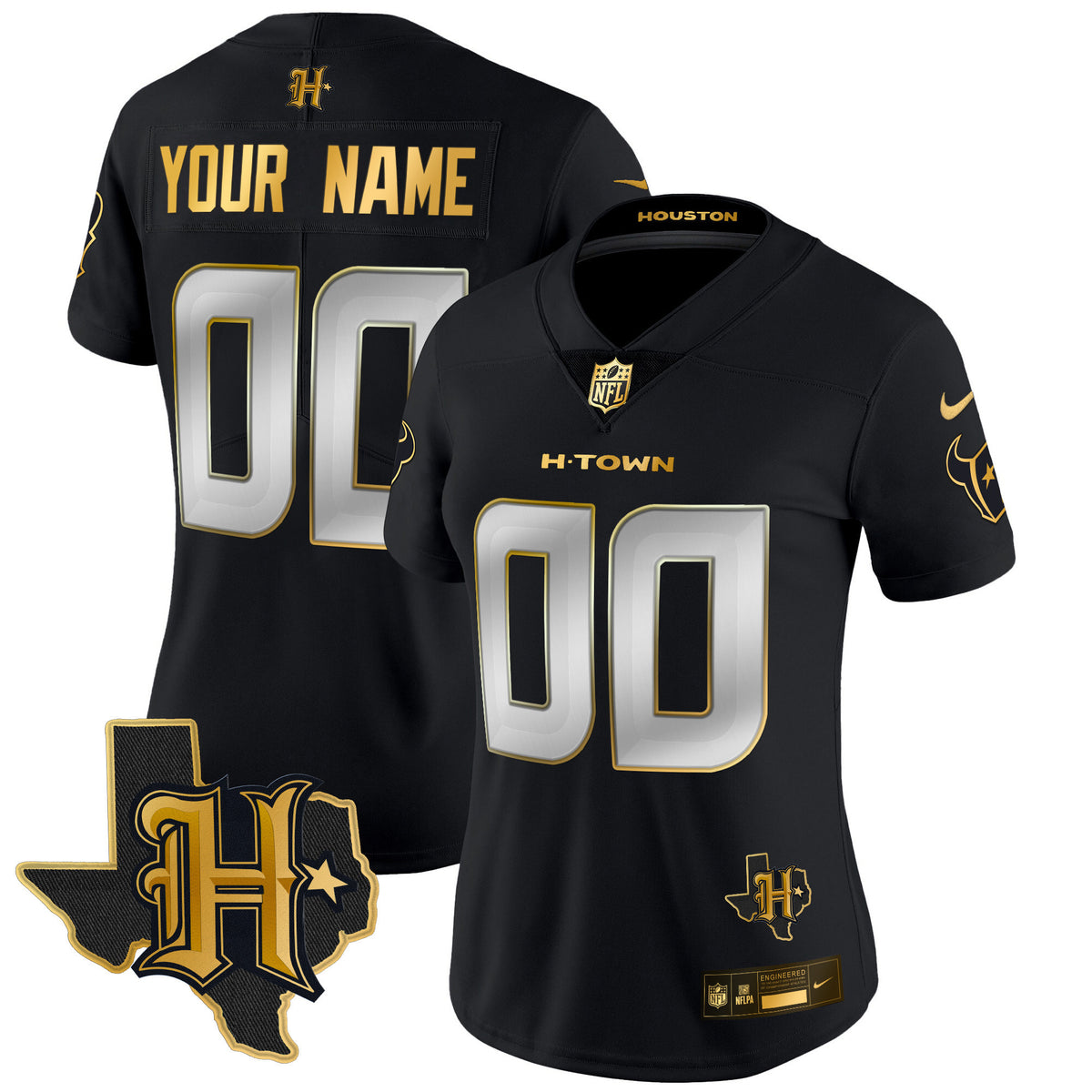 Houston Texans 2024 Texas Patch Gold Vapor Limited Custom Jersey - All Stitched - Black Limited — view 1