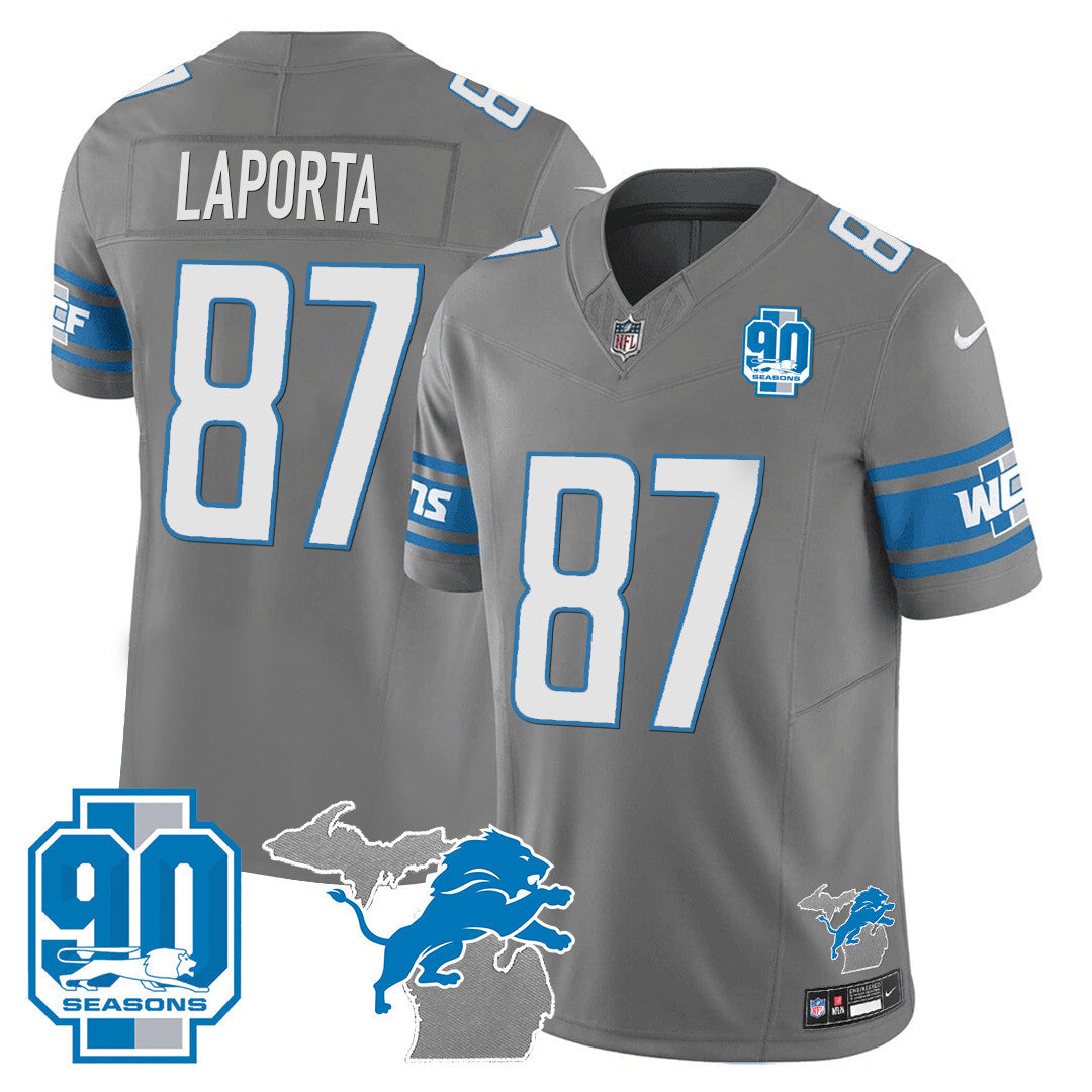 Men's Detroit Lions 90th Year & Michigan Patch Vapor Jersey - All Stitched - Gray - Sam Laporta — view 1