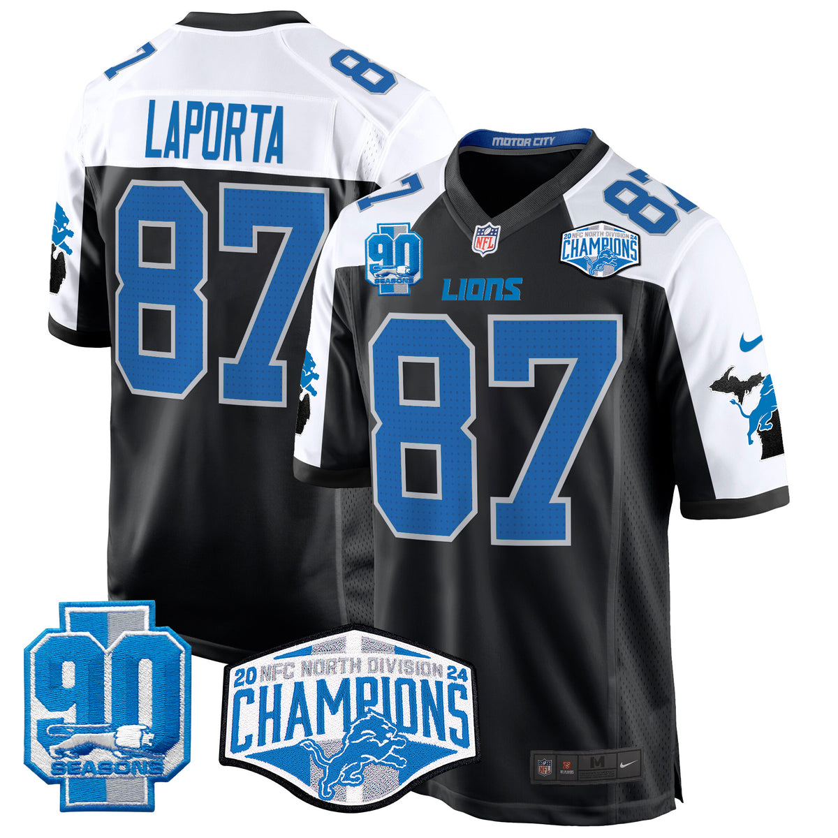 Men's Detroit Lions 2024 NFC North Division Champions Patch Game Jersey - All Stitched - Black Alternate - Sam Laporta — view 1