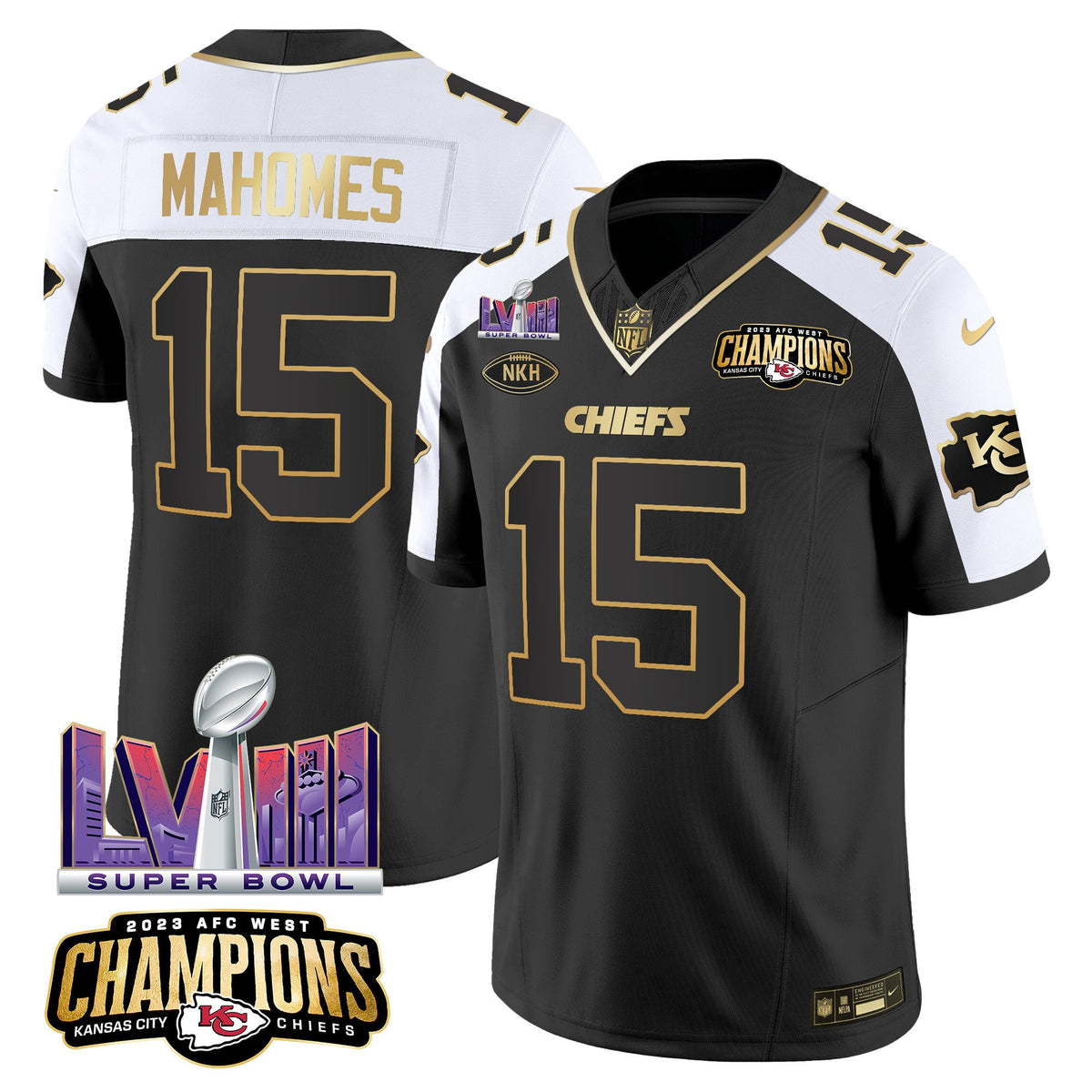 Men's Chiefs AFC West Champions & Super Bowl LVIII Patch Vapor Jersey V2 - All Stitched - Alternate - Patrick Mahomes — view 1