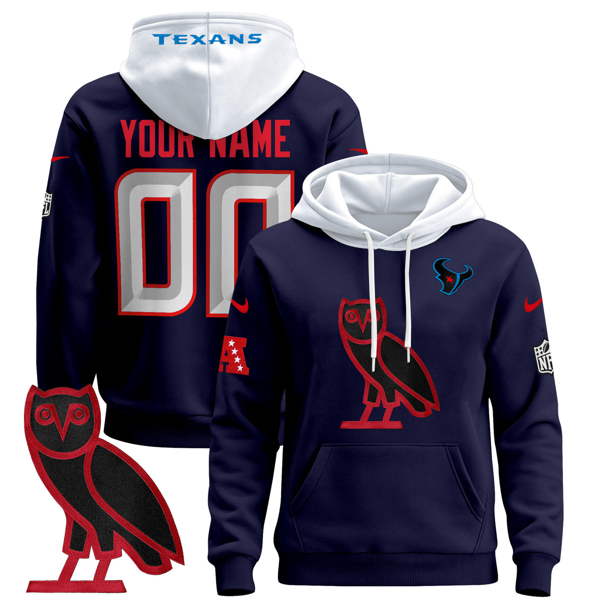 Houston Texans OVO 2024 Custom Pullover Hoodie - All Stitched - Navy — view 1