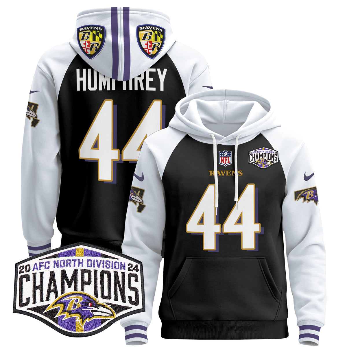 Men's Baltimore Ravens 2024 AFC North Division Champions Patch Pullover Hoodie V2 - All Stitched - Black Alternate - Marlon Humphrey — view 1