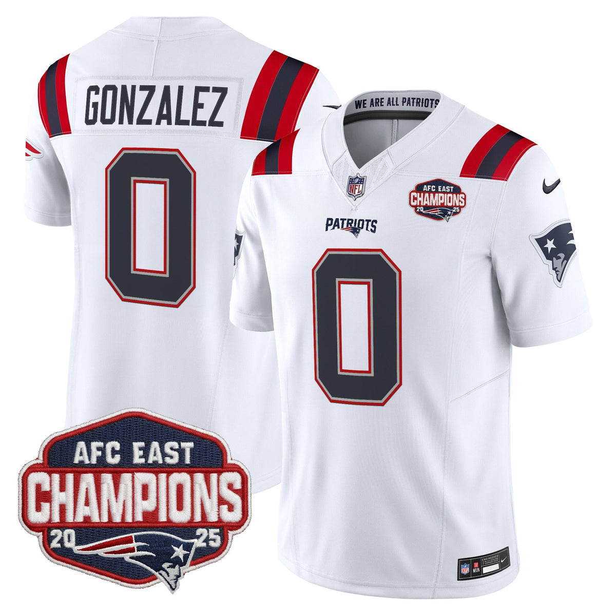 Men's New England Patriots 2025 AFC East Division Champions Vapor Limited Jersey - All Stitched - White - Christian Gonzalez — view 1