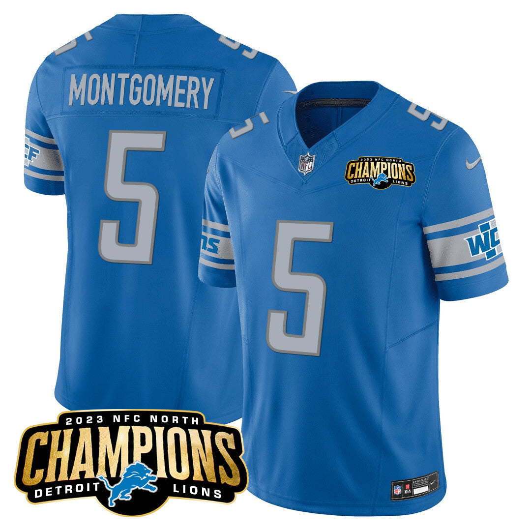 Men's Detroit Lions 2023 NFC North Champions Patch Vapor Jersey - All Stitched - Blue - David Montgomery — view 1