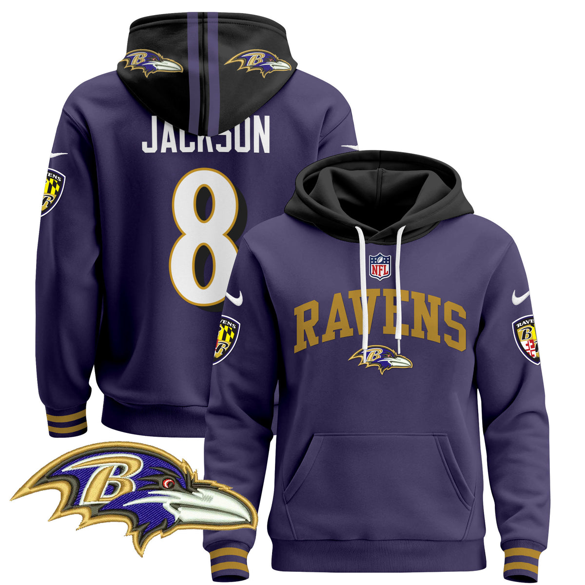Men's Baltimore Ravens 2024 Pullover Hoodie V2 - All Stitched - Purple - Lamar Jackson — view 1