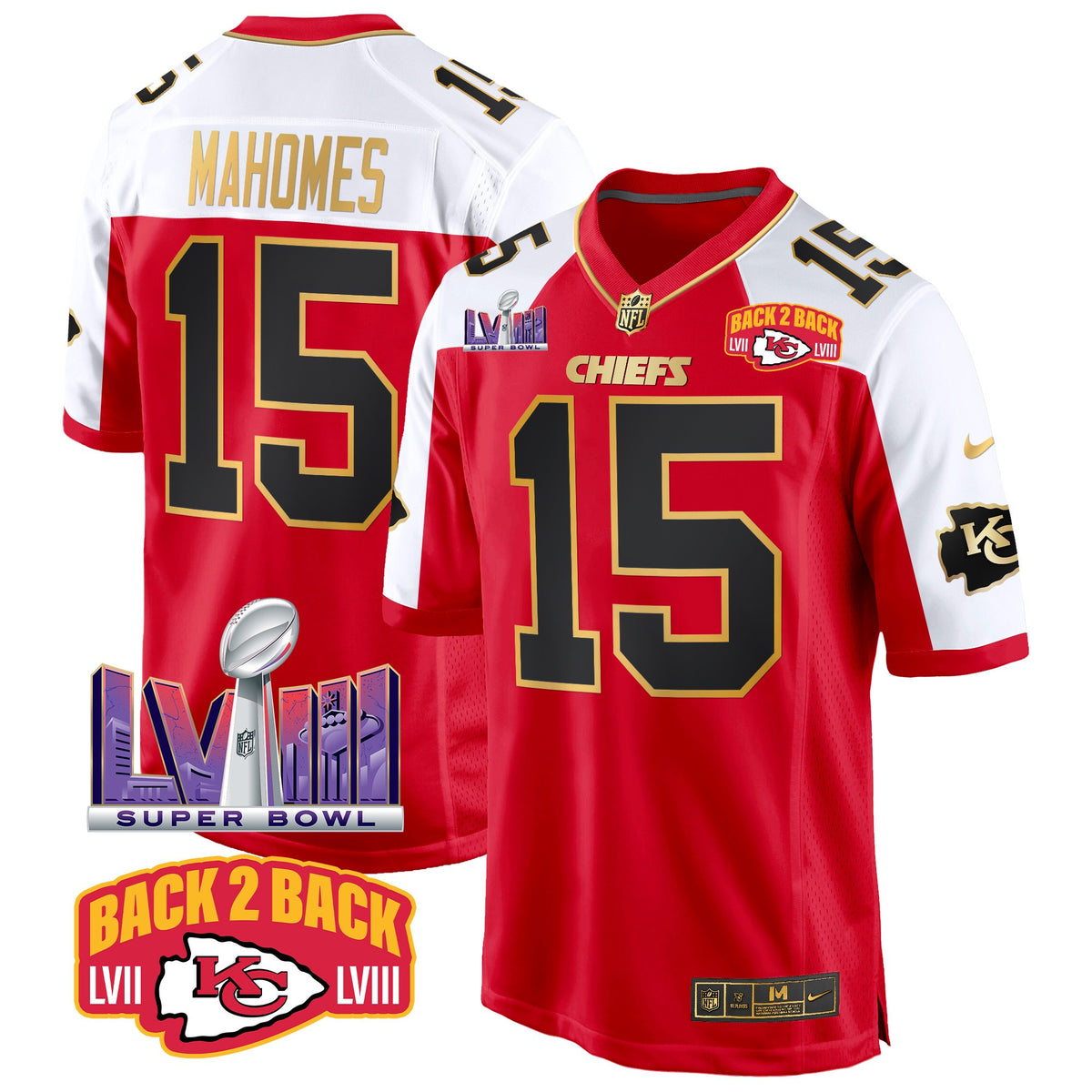 Men's Chiefs Super Bowl LVIII & Back 2 Back Patch Game Jersey - All Stitched - Red Alternate - Patrick Mahomes — view 1
