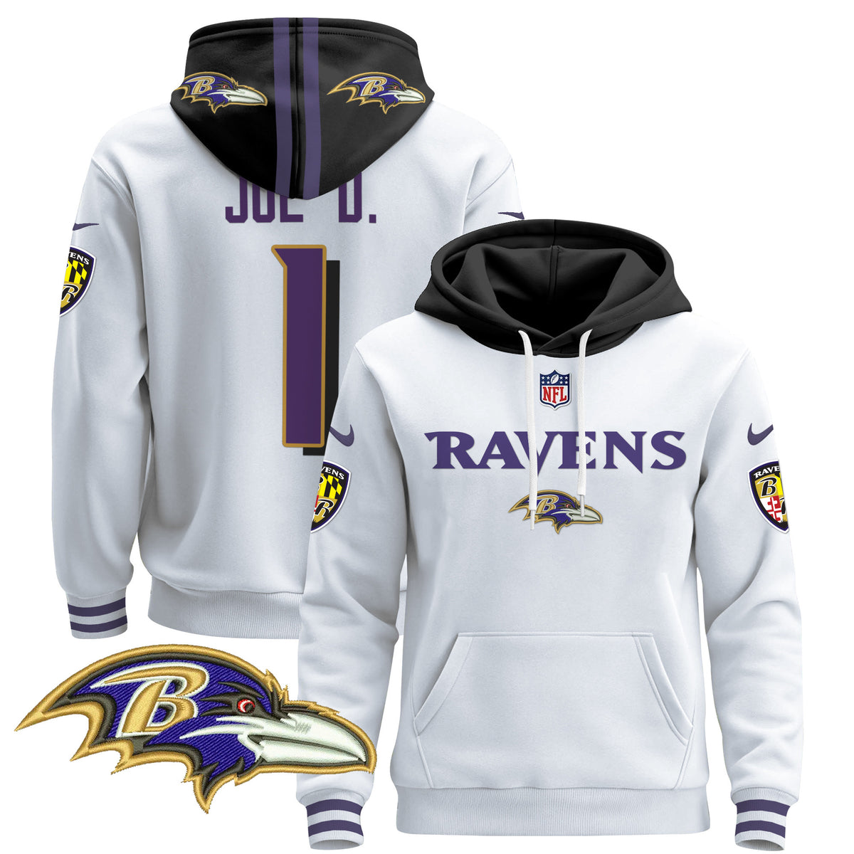 Men's Baltimore Ravens 2024 Pullover Hoodie V3 - All Stitched - White - Joe D — view 1