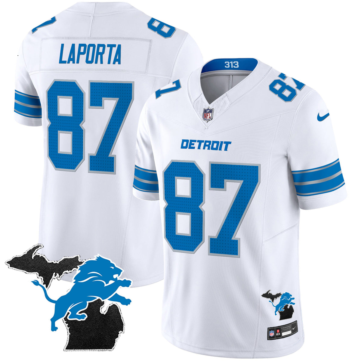 Men's Detroit Lions 2024 Michigan Patch Vapor Limited Jersey - All Stitched - White - Sam Laporta — view 1