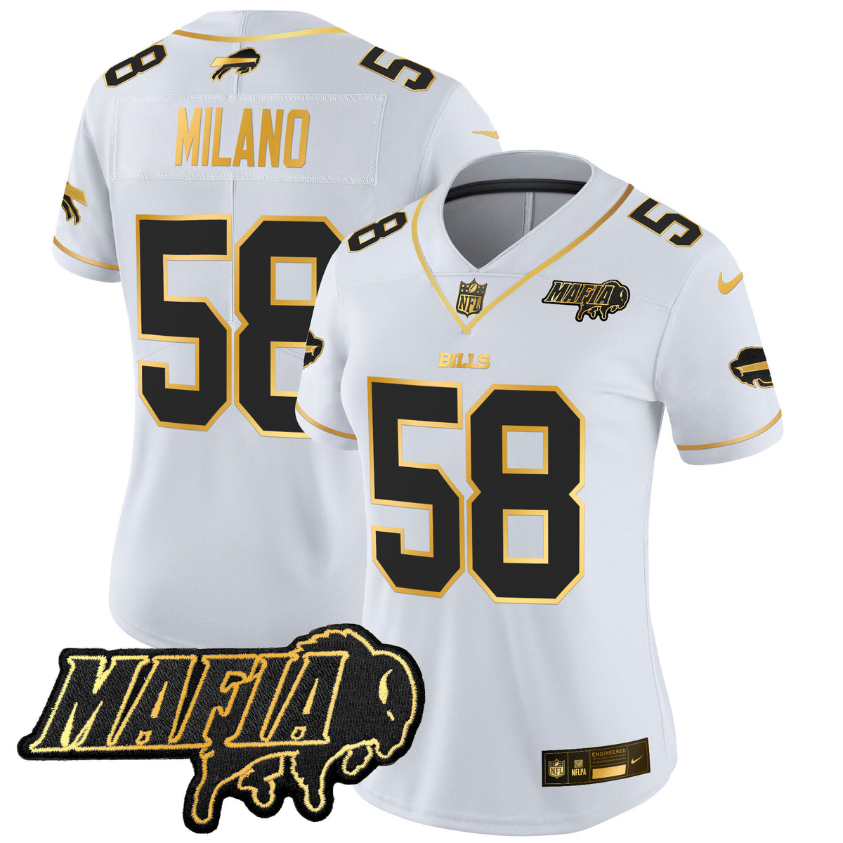 Women's Buffalo Bills 2025 Bills Mafia Patch Gold Vapor Limited Jersey - All Stitched - White Gold - Matt Milano — view 1