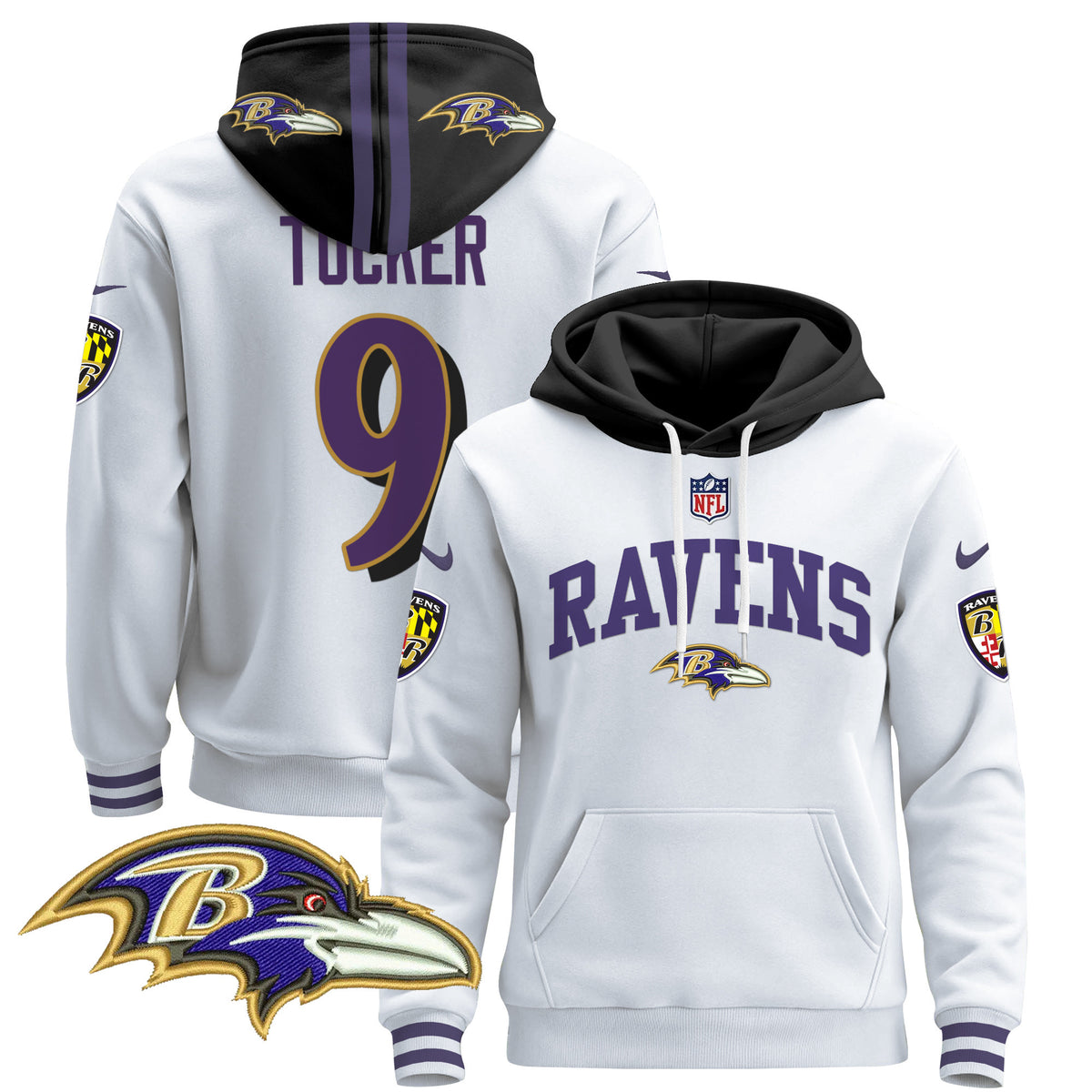 Men's Baltimore Ravens 2024 Pullover Hoodie V2 - All Stitched - White - Justin Tucker — view 1