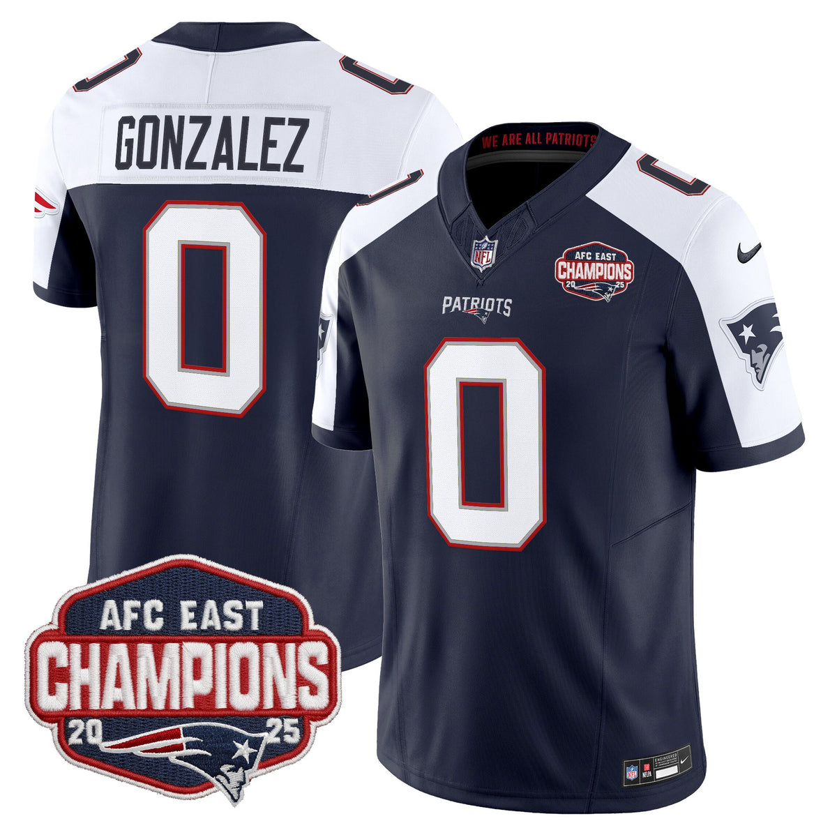 Men's New England Patriots 2025 AFC East Division Champions Vapor Limited Jersey - All Stitched - Navy Alternate - Christian Gonzalez — view 1