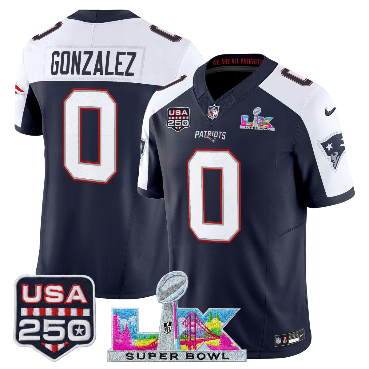 Men's New England Patriots Super Bowl LX & United States 250th Anniversary Patch Vapor Limited ~25cf8277 - Navy Alternate - Christian Gonzalez — view 1