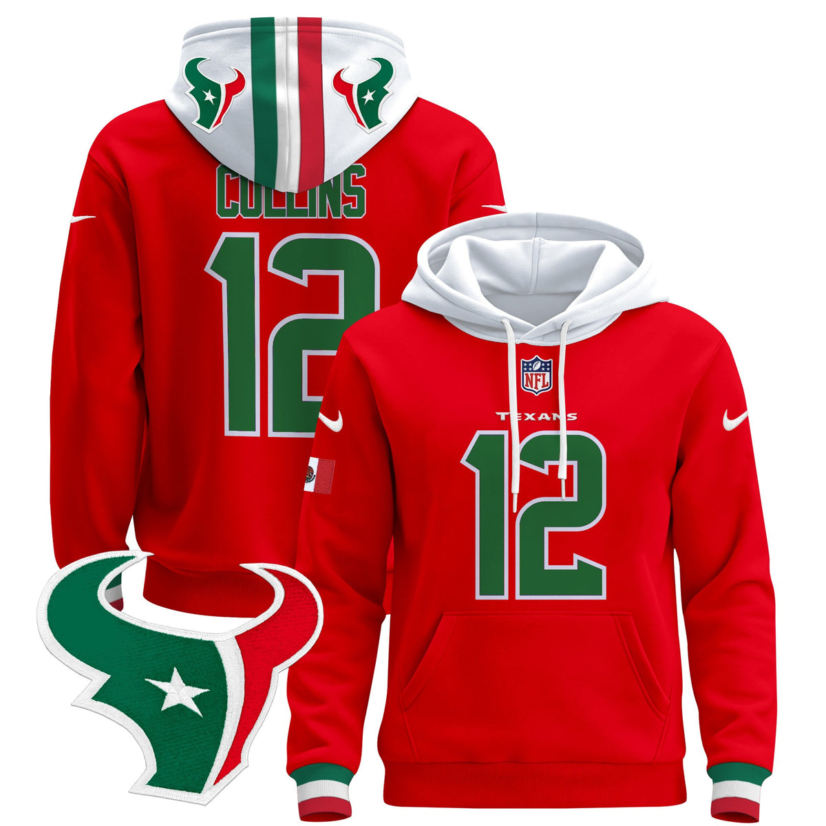 Men's Houston Texans Mexico 2024 Pullover Hoodie - All Stitched - Red - Nico Collins — view 1