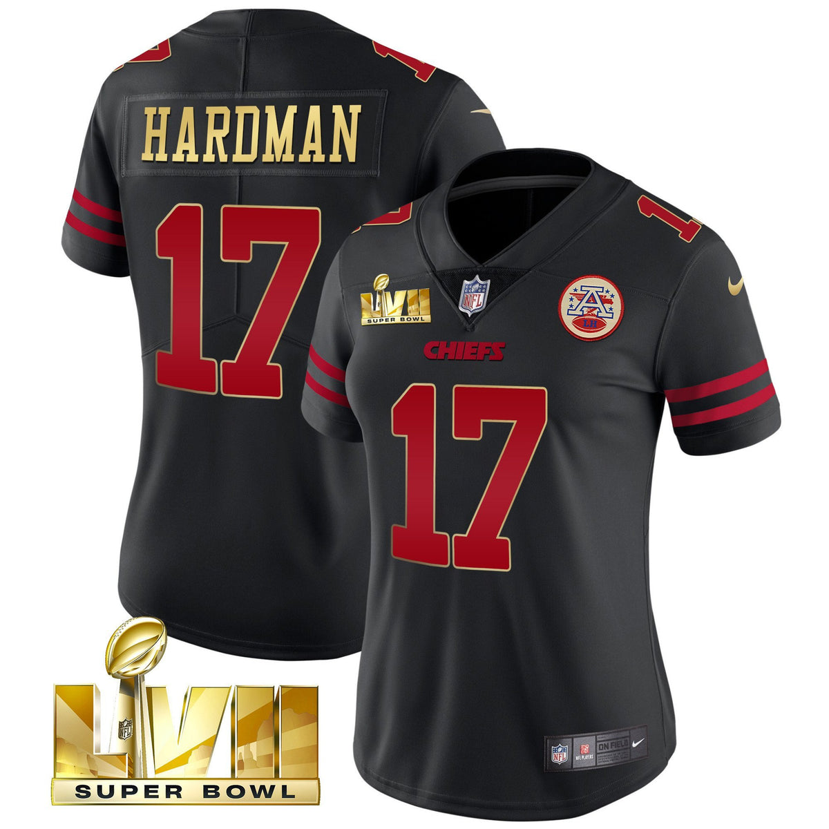 Women's Chiefs Super Bowl LVII Red Gold Vapor Jersey - All Stitched - Black Gold Trim - Mecole Hardman — view 1
