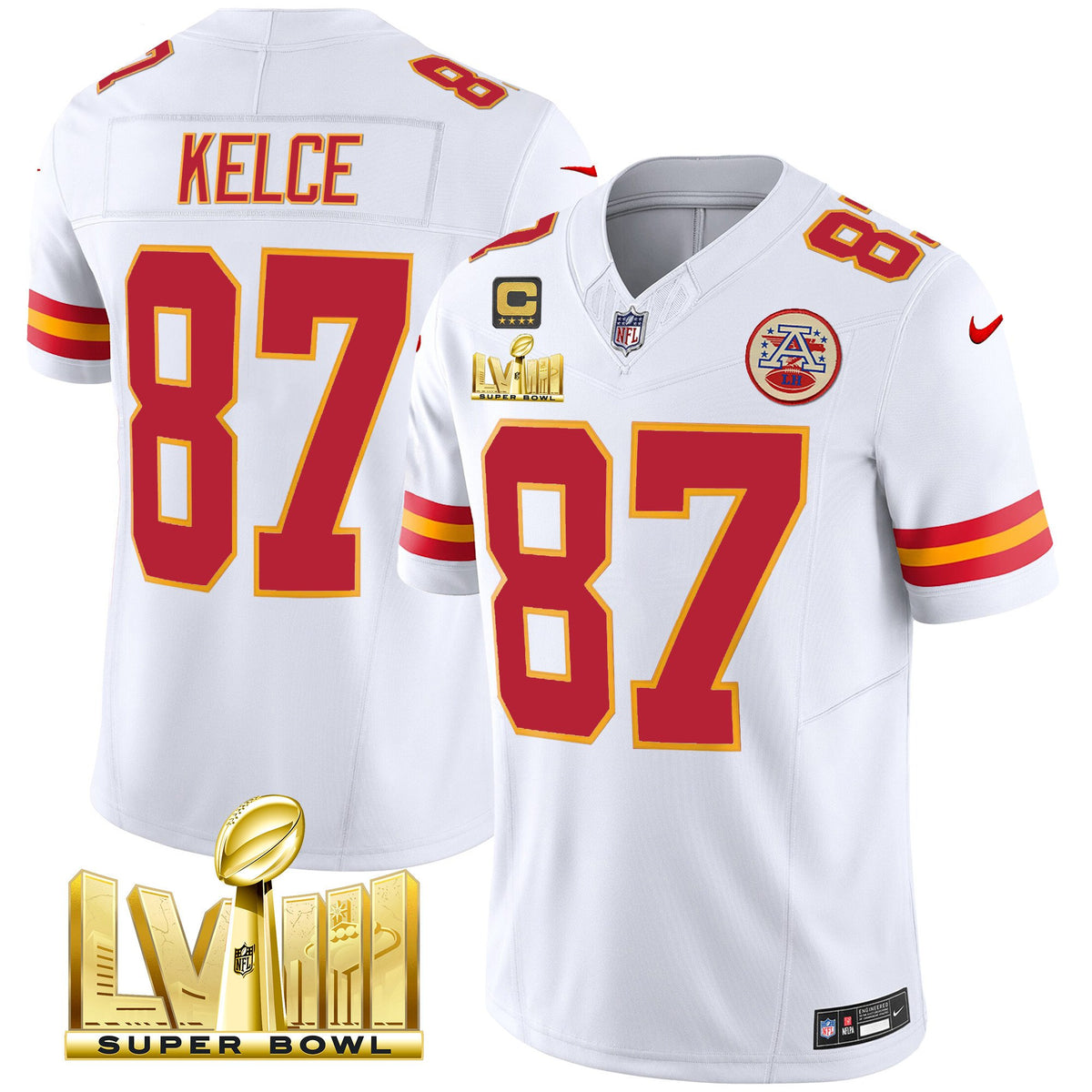 Men's Chiefs Super Bowl LVIII Gold Patch Vapor Jersey - All Stitched - White - Travis Kelce — view 1