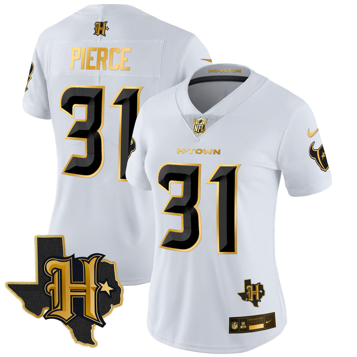 Women's Houston Texans 2024 Texas Patch Gold Vapor Limited Jersey - All Stitched - White Gold - Dameon Pierce — view 1