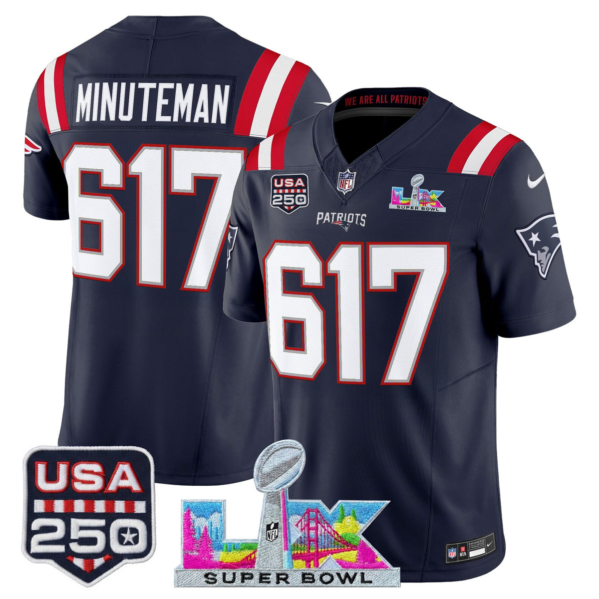Men's New England Patriots Super Bowl LX & United States 250th Anniversary Patch Vapor Limited Jersey - All Stitched - Navy - Minuteman 617 — view 1