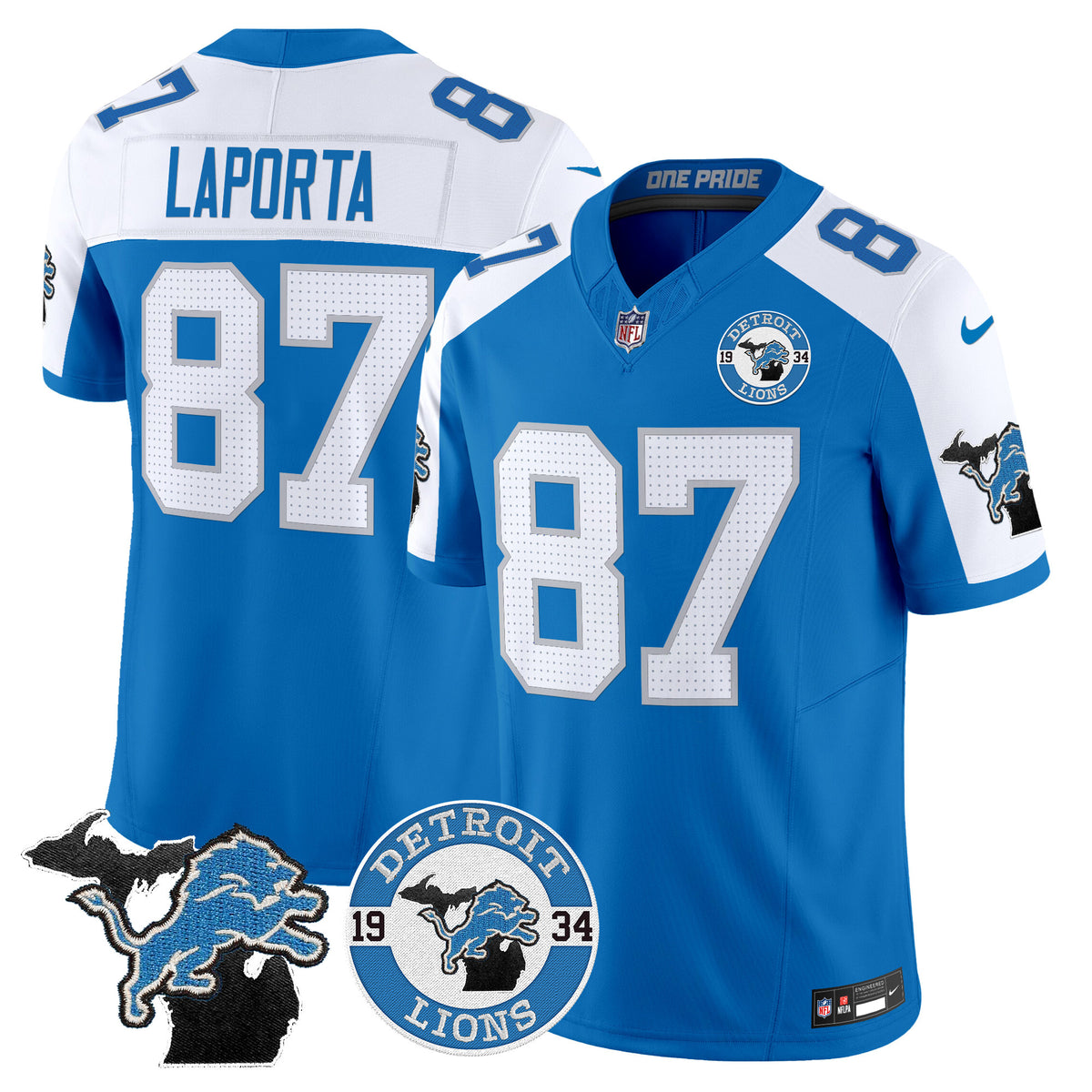 Men's Detroit Lions 2024 Vapor Limited Jersey - Est. 1934 Patch - All Stitched - Blue Alternate - Sam Laporta — view 1