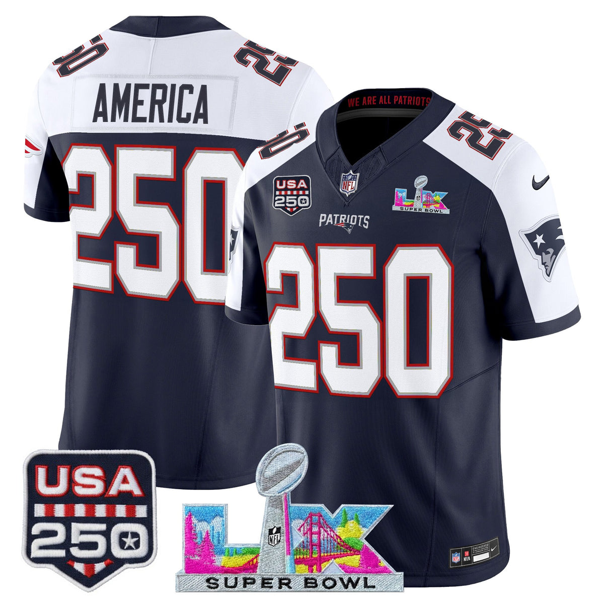 Men's New England Patriots Super Bowl LX & United States 250th Anniversary Patch Vapor Limited Jersey - All Stitched - Navy Alternate - #250 America — view 1