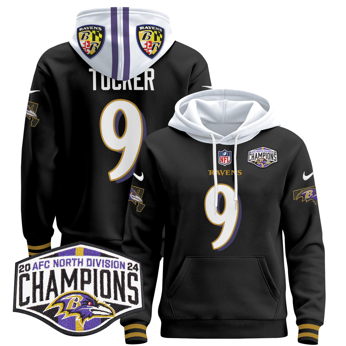 Men's Baltimore Ravens 2024 AFC North Division Champions Patch Pullover Hoodie V2 - All Stitched - Black - Justin Tucker — view 1