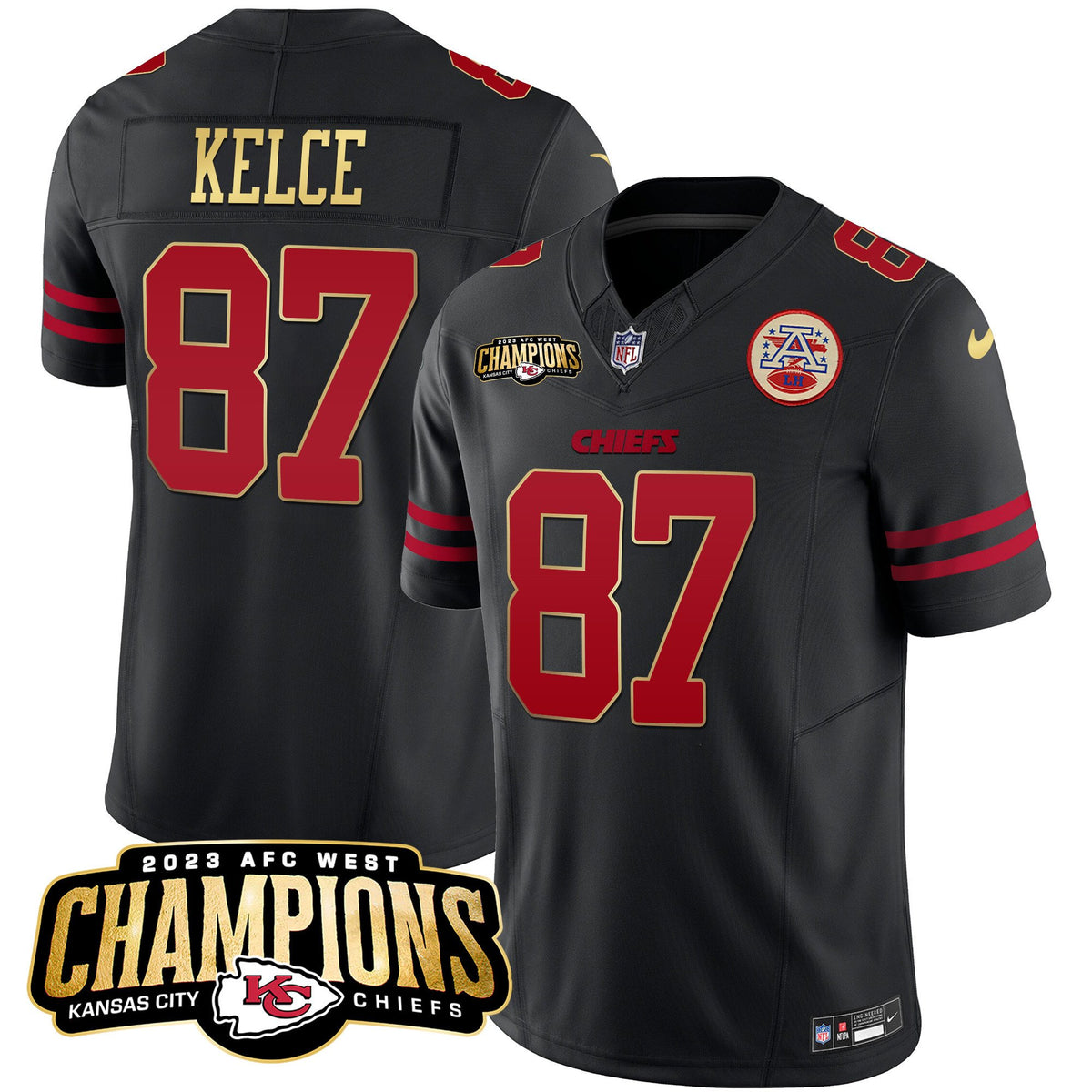 Men's Chiefs 2023 AFC West Champions Patch Vapor Limited Jersey V2 - All Stitched - Gold Trim - Travis Kelce — view 1