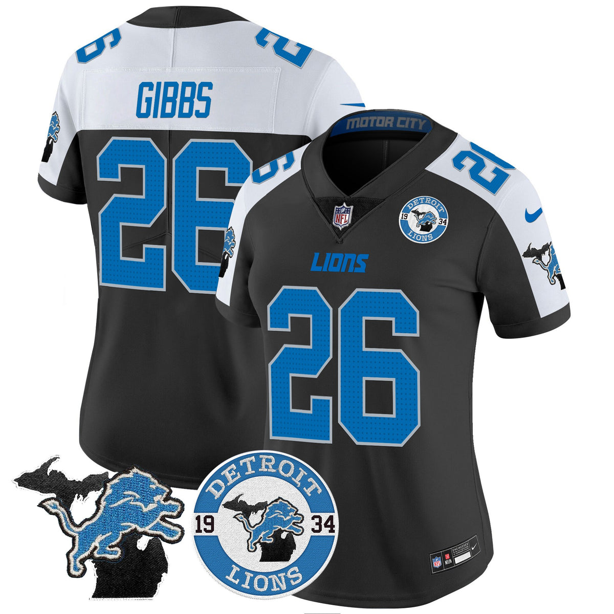 Women's Detroit Lions 2024 Vapor Limited Jersey - Est. 1934 Patch - All Stitched - Black Alternate - Jahmyr Gibbs — view 1