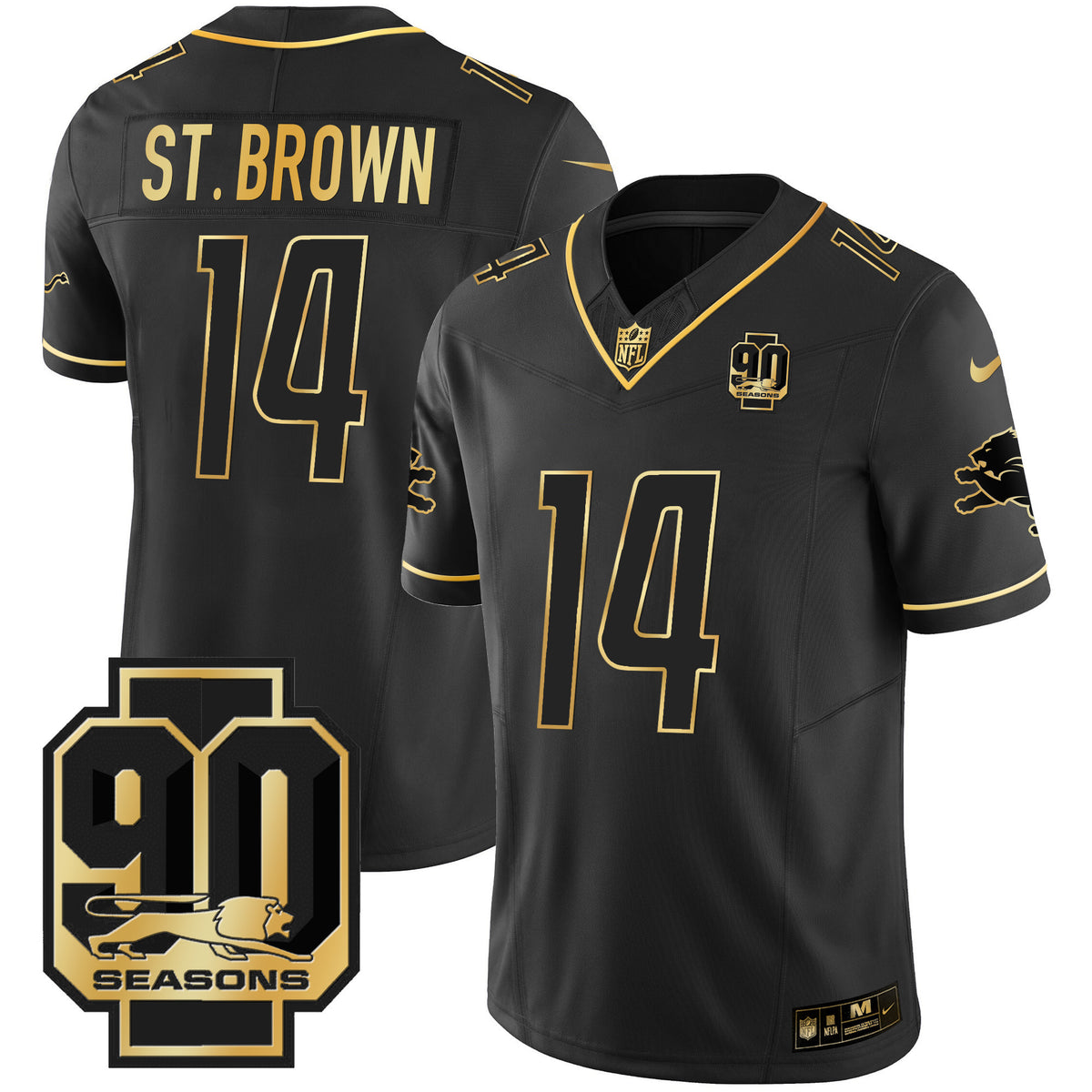 Men's Detroit Lions 90th Year Patch Gold Jersey - All Stitched - Black Gold - St. Brown — view 1