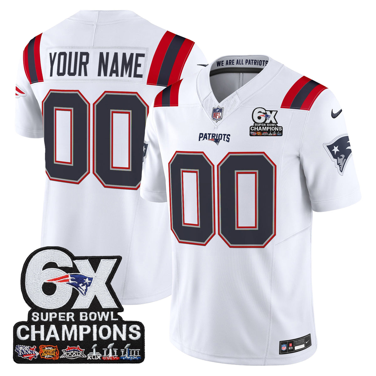 New England Patriots 6-Time Champions Patch Vapor Limited Custom Jersey - All Stitched - White — view 1