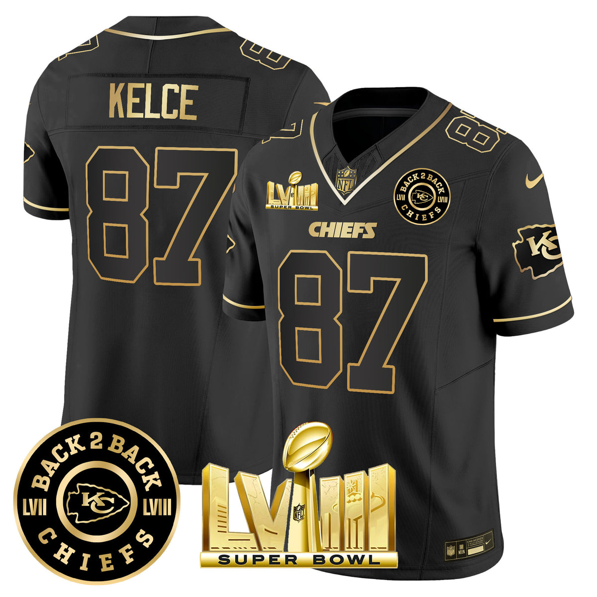 Men's Chiefs Super Bowl LVIII & Back 2 Back Patch Vapor Jersey V4 - All Stitched - Black Gold - Travis Kelce — view 1