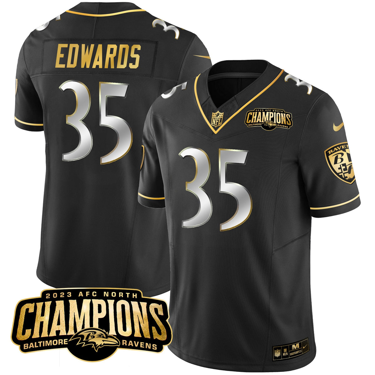 Men's Ravens 2023 AFC North Champions Patch Gold Vapor Jersey - All Stitched - Black Limited - Gus Edwards — view 1