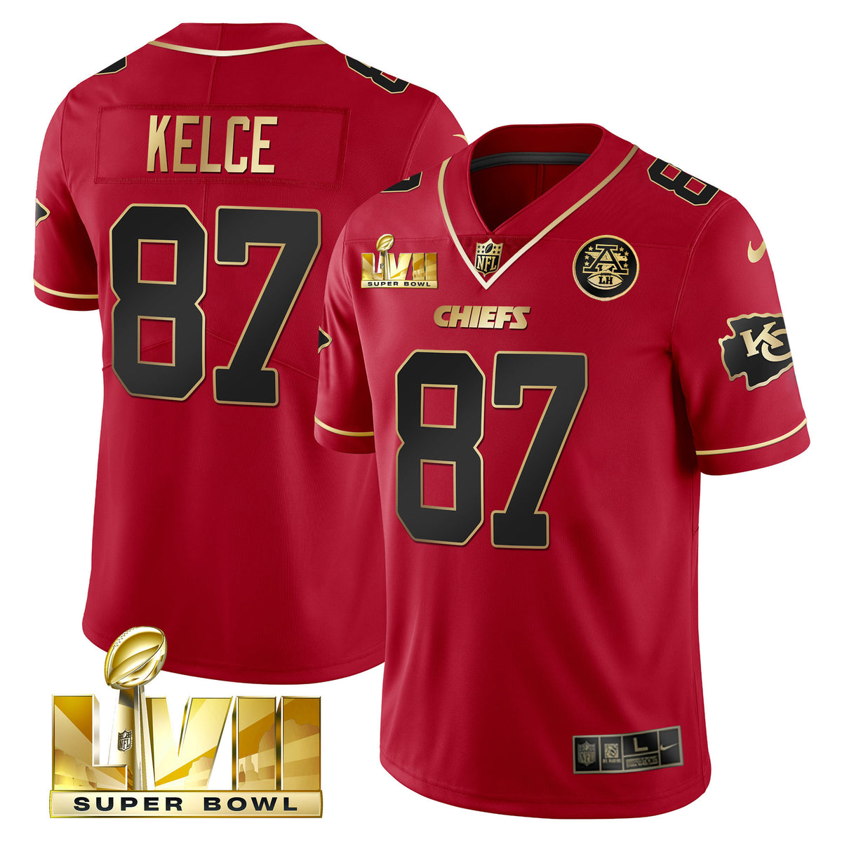 Men's Chiefs Super Bowl LVII Gold Trim Vapor Jersey - All Stitched - Red Special - Travis Kelce — view 1