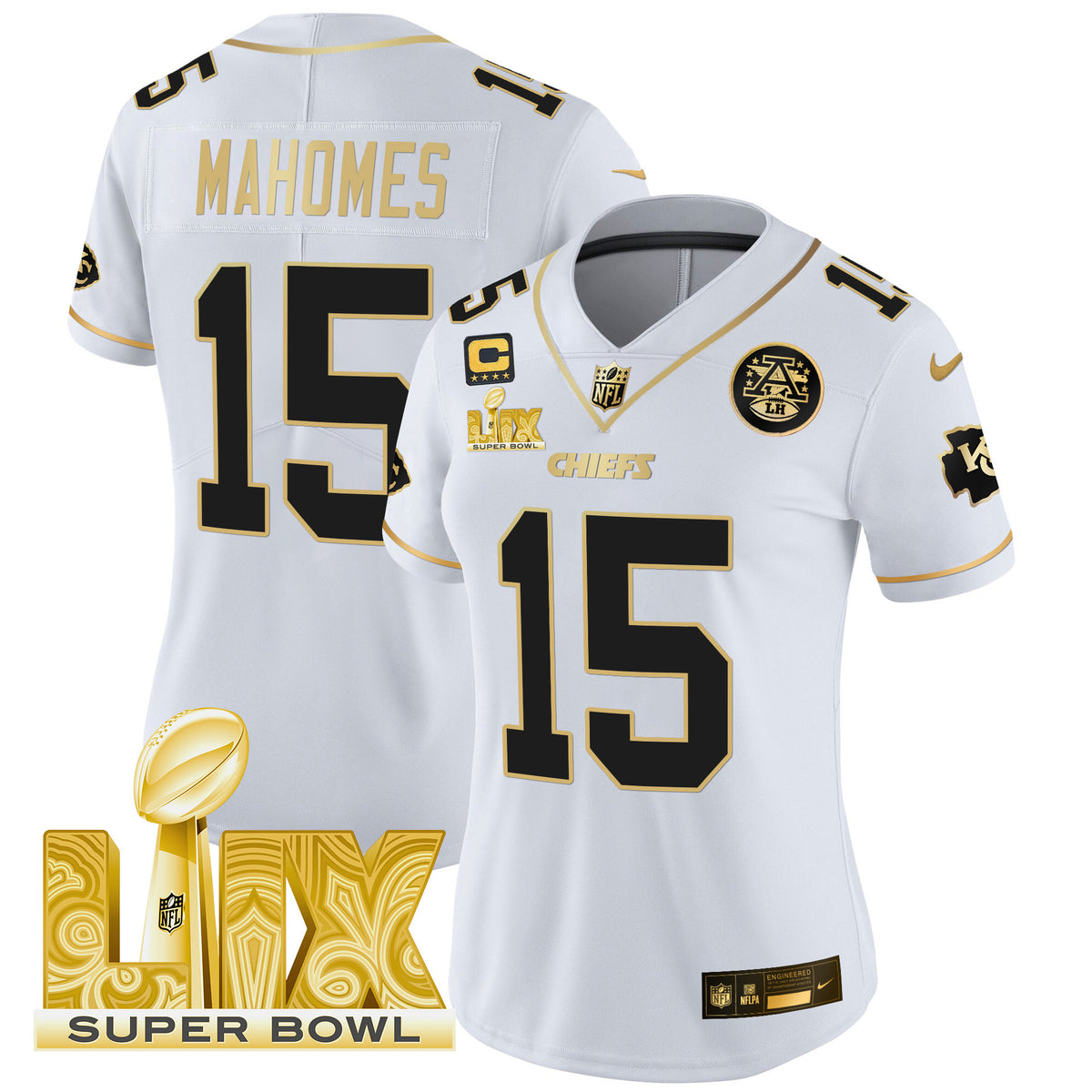 Women's Chiefs Super Bowl LIX Patch Gold Vapor Limited Jersey - All Stitched - White Gold - Patrick Mahomes — view 1