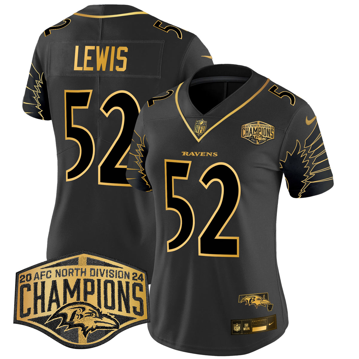Women's Ravens Maryland 2024 AFC North Division Champions Patch Gold Vapor Limited Jersey - All Stitched - Black Gold - Ray Lewis — view 1