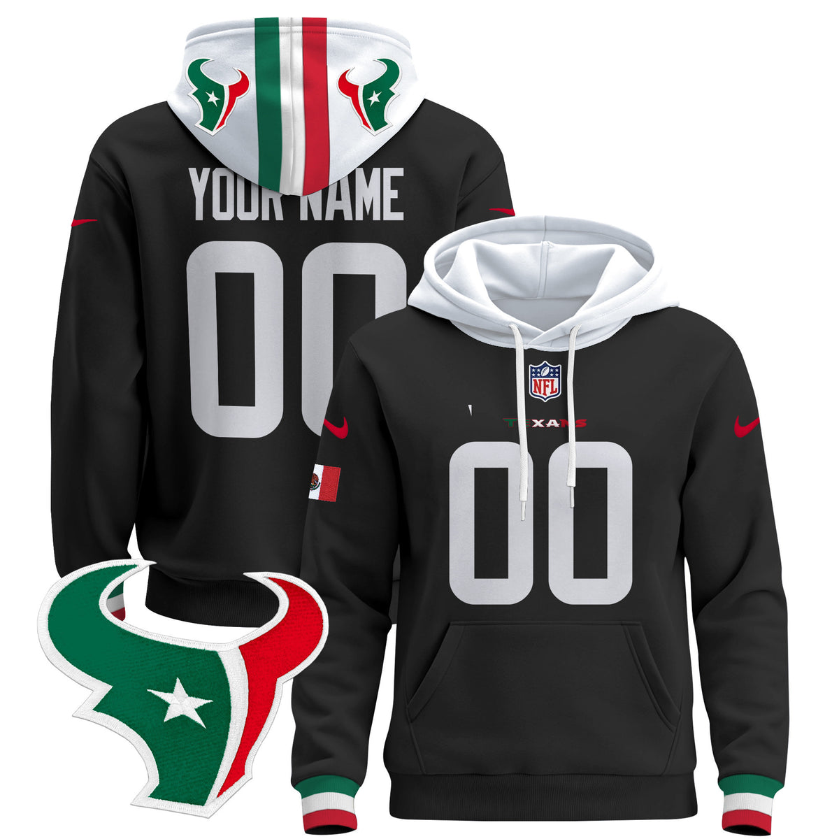 Houston Texans Mexico 2024 Custom Pullover Hoodie - All Stitched - Black — view 1