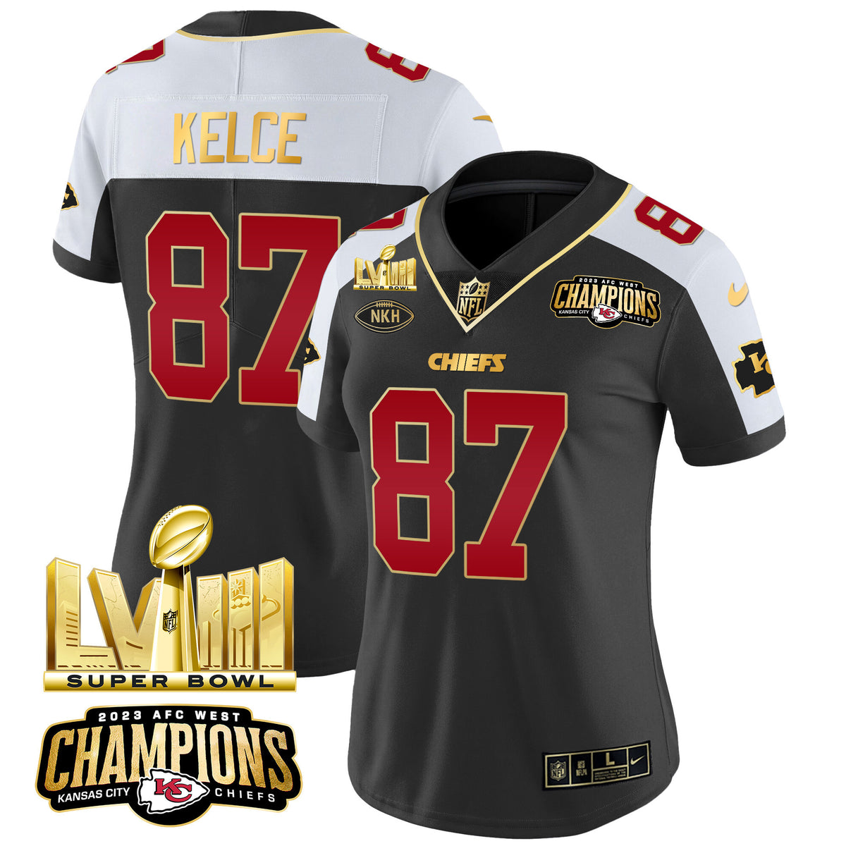 Women's Chiefs AFC West Champions & Super Bowl LVIII Gold Patch Vapor Jersey - All Stitched - Black Alternate - Travis Kelce — view 1