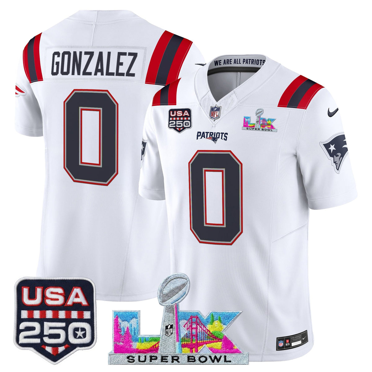 Men's New England Patriots Super Bowl LX & United States 250th Anniversary Patch Vapor Limited Jersey - ~25cf8277 - White - Christian Gonzalez — view 1