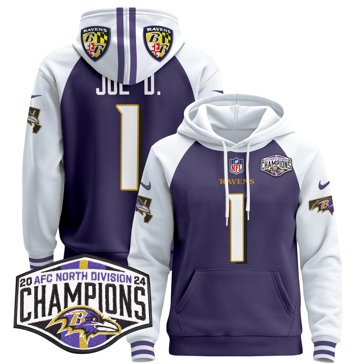 Men's Baltimore Ravens 2024 AFC North Division Champions Patch Pullover Hoodie V2 - All Stitched - Purple Alternate - Joe D — view 1