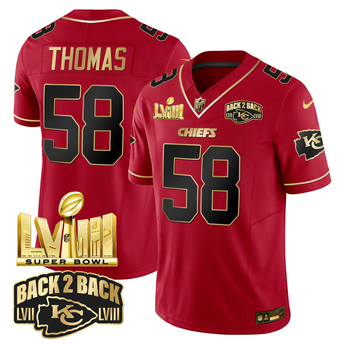 Men's Chiefs Super Bowl LVIII & Back 2 Back Gold Patch Vapor Jersey - All Stitched - Red Special - Derrick Thomas — view 1