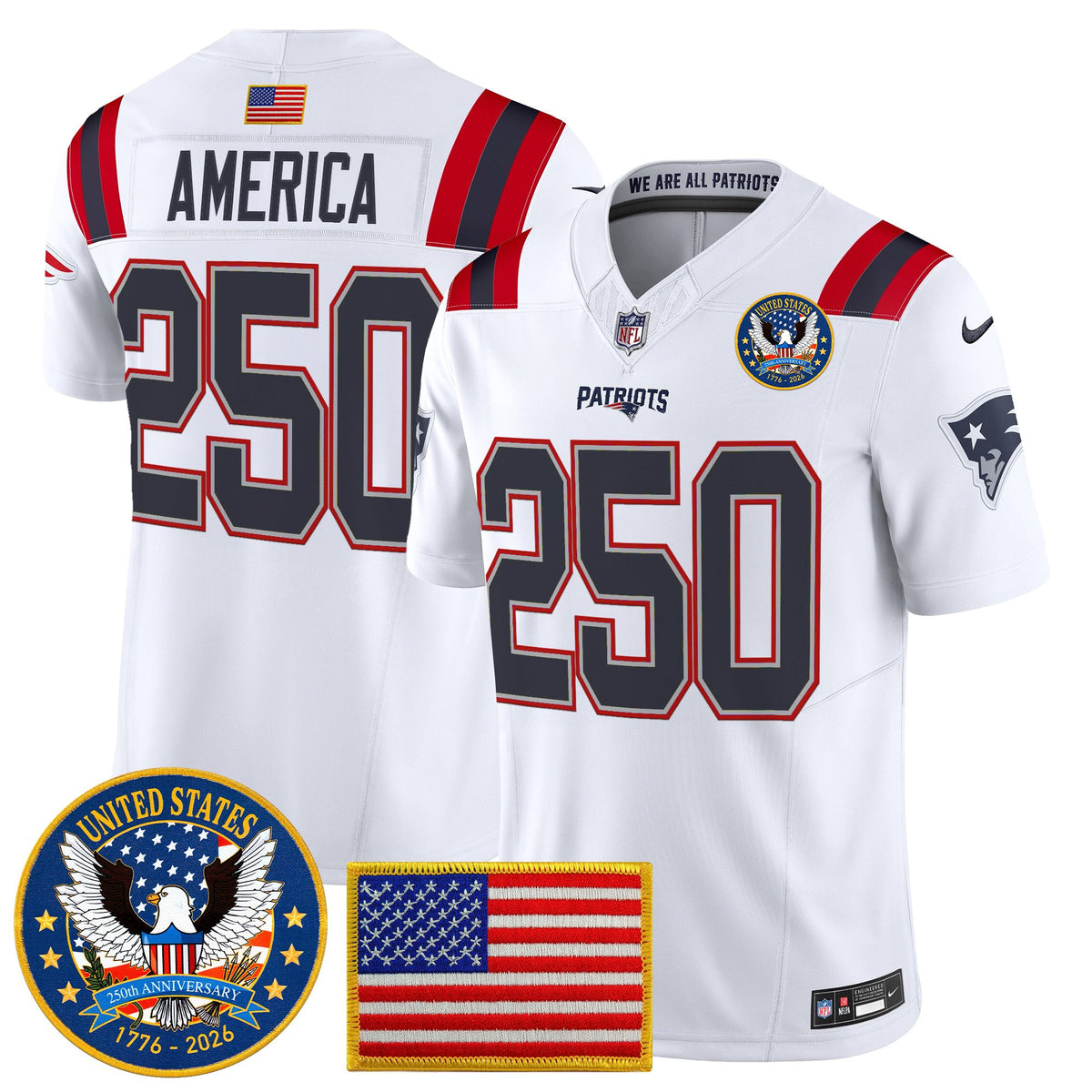 Men's New England Patriots United States 250th Anniversary Patch Vapor Limited Jersey - All Stitched - White - #250 America — view 1