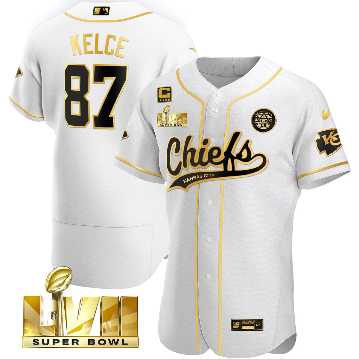 Men's Chiefs Super Bowl LVII Flex Base Jersey V2 - All Stitched - White Gold - Travis Kelce — view 1