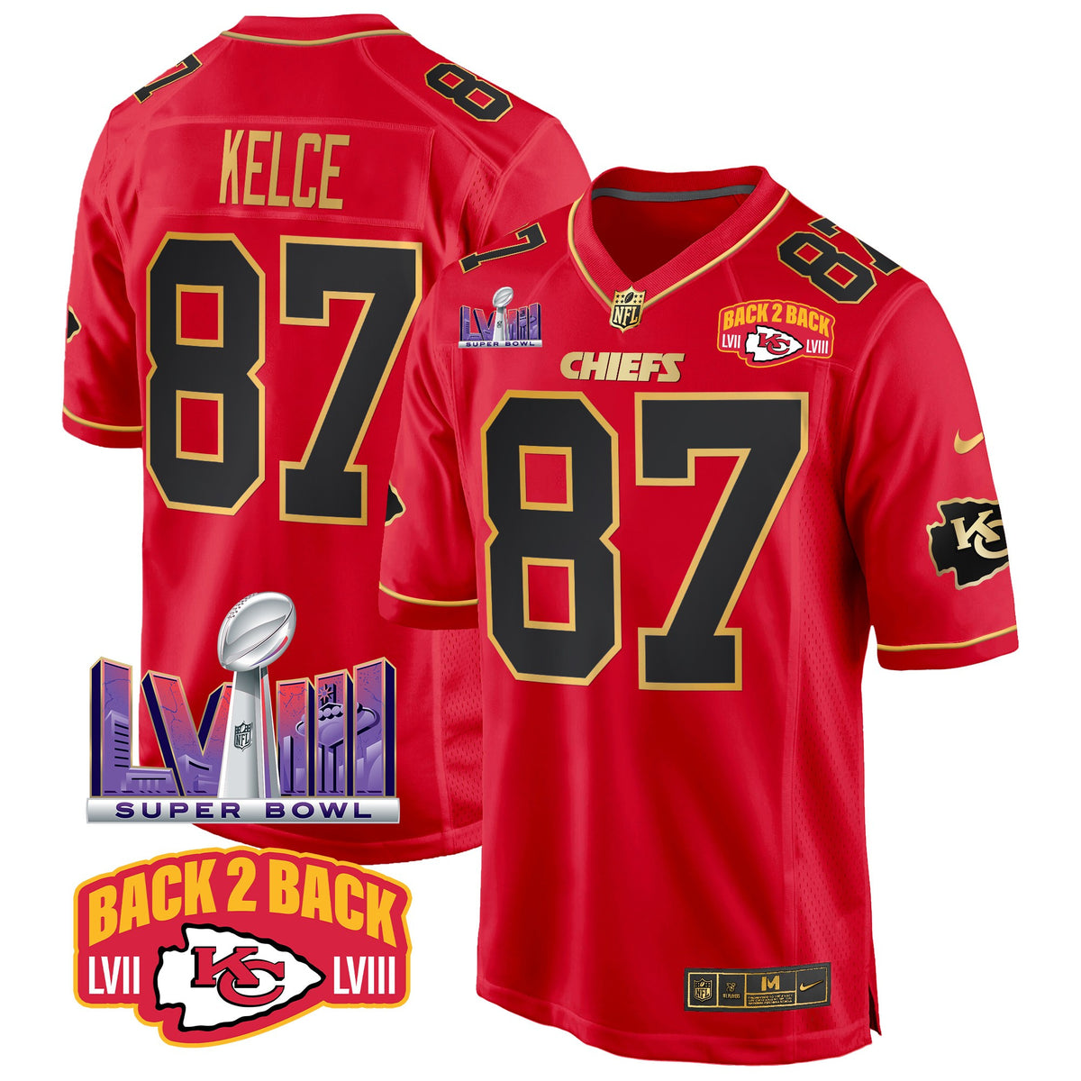 Men's Chiefs Super Bowl LVIII & Back 2 Back Patch Game Jersey - All Stitched - Red Special - Travis Kelce — view 1