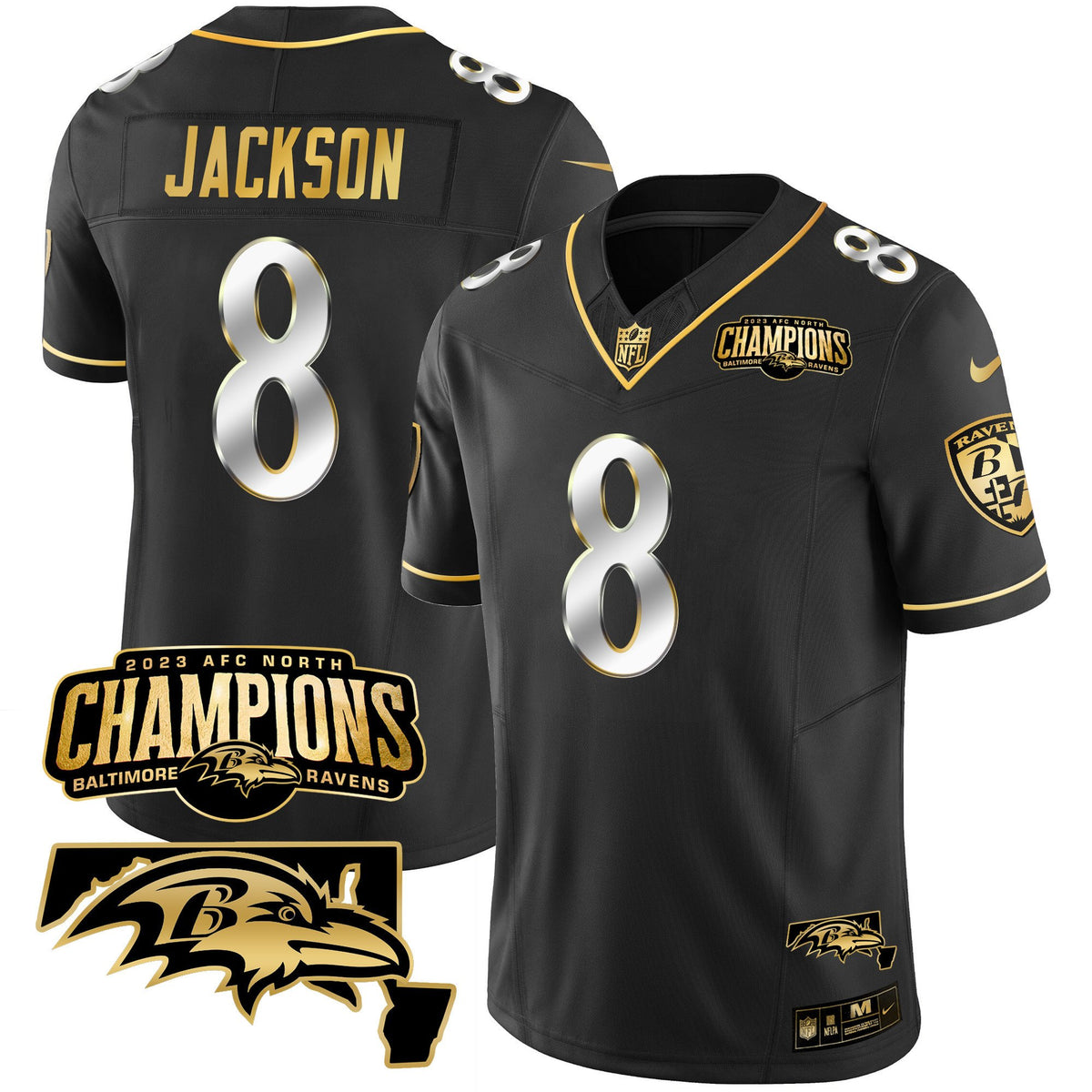 Men's Ravens 2023 AFC North Champions & Maryland Patch Gold Vapor Jersey - All Stitched - Black Limited - Lamar Jackson — view 1